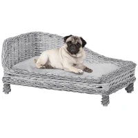 Cuccia per Animali Domestici Forma Chaise Longue in Vimini Grigio Cuscino in Pile 69x42x33cm