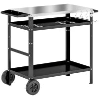 Carrello per Barbecue con Piano in Acciaio e Ripiano Regolabile, Ruote e Ganci, 100x52x80 cm, Nero