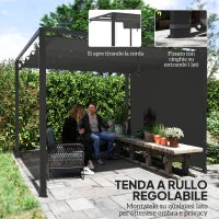 Gazebo Pergola Retrattile 3x3 m con Tenda a Rullo e Fori di Drenaggio, in Acciaio e Poliestere Grigio Scuro