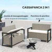 Panchina da Giardino 2 Posti con Cassapanca da 151.5L in Rattan con Schienale, Braccioli e Cuscino, Crema