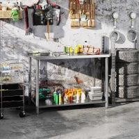 Tavolo da lavoro, banco da lavoro in acciaio inox 2 ripiani, per officina, garage, capannone, 120x60x86cm, argento