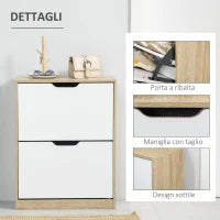Scarpiera Salvaspazio Slim a 2 Cassetti per 8 Paia di Scarpe 62.5x26x81 cm, Legno e Bianco