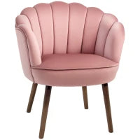 Poltrona Imbottita con Schienale a Conchiglia e Gambe in Legno, Poltrona in Velluto per Salotto e Camera, 66x66x78.5cm, Rosa