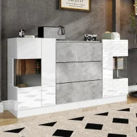 Credenza con illuminazione LED, cassetti, frontali lucidi ed effetto marmo, 140x35x75 cm, Bianco e Grigio