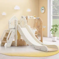 Scivolo per bambini 5-in-1 con altalena, arrampicata, canestro da basket e spazio di stoccaggio, 179×184×103 cm,Marrone+Bianco