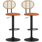 Set di 2 Sgabelli da Bar Regolabili in Altezza con Schienale in Rattan e Poggiapiedi, Marrone