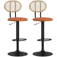 Set di 2 Sgabelli da Bar Regolabili in Altezza con Schienale in Rattan e Poggiapiedi, Marrone