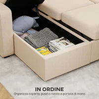 Divano Letto Angolare con Vano Contenitore, Rivestimento in Velluto a Coste e 2 Cuscini, 205x135x76 cm, Beige