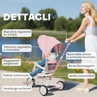 Triciclo per Bambini 5 in 1 con Maniglione di Spinta e Copertura Rimovibile, 96.5x49x101 cm, Rosa