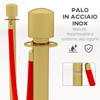 Colonnine Segnapercorso in Acciaio Inox Oro con Corda Vellutata Rossa di 1.5 m e Base Riempibile,, Ø32x96 cm