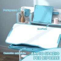 Set Scrivania e Sedia per Bambini Regolabili, Banco Scuola con Piano Inclinabile, Cassetto, Scaffale, Blu