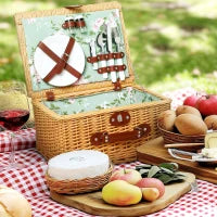 Cestino da Picnic in Vimini per 2 Persone con Piatti, Calici, Cavatappi e Posate, 40x30x20 cm, Marrone