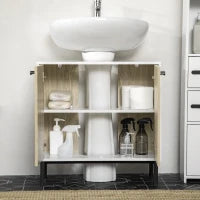 kleankin Mobile Bagno Sotto Lavabo a 2 Ante con Ripiano Interno in Truciolato e Acciaio, 60x30x60 cm, Bianco e Rovere