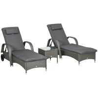 Set Lettini Prendisole con Tavolino da Giardino, Set da Giardino 3 Pezzi, Rattan Sintetico e Metallo, Grigio Scuro