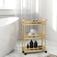 Scaffale da Bagno in Bambù a 3 Livelli con Ruote, Carrello per Cucina, Bagno, Soggiorno, Naturale