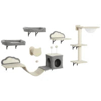 Set Mensole da parete per gatti da 6 pezzi, con amache, tiragraffi e lettini, Beige