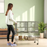 Doppia Gabbia per Uccelli in Metallo di Alta Qualità con Vassoi Estraibili, Supporto Stabile con 4 Ruote e Ripiano, 95x45.5x102cm, Nero Grigio