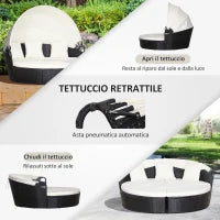 Set 4 Pzi Divano Circolare da Giardino, Mobili Componibili Rattan Nero, Tettuccio e Cuscini Beige 180x175x147cm