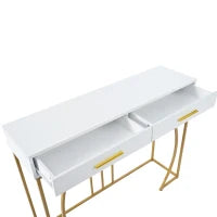 Tavolo Consolle con 2 Cassetti, Maniglie Dorate e Gambe Regolabili, Design Elegante e Moderno, in MDF, 110 x 32 x 85 cm, Bianco