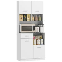 Mobile Dispensa in Legno con Cassetto, 4 Armadietti e 3 Ripiani Aperti, 80x35x180 cm, Bianco