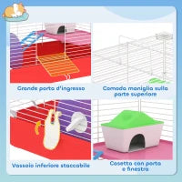 Gabbia per Criceti a 2 Livelli in Metallo e PP con Casetta, Serbatoio dell'acqua e Ruota, 47x30x27 cm