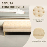 Panca Fondo Letto Imbottita con Rivestimento Trapuntato in Tessuto Effetto Velluto, 118x45x42 cm, Beige