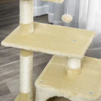 Tiragraffi per Gatti con Casetta, 2 Piattaforme e Pallina Giocattolo, Albero Tiragraffi in Truciolato, Sisal e Peluche, 50x30x81.5 cm, Beige