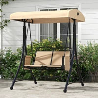 Dondolo da Giardino 2 Posti con Tetto Parasole Regolabile e Tasche Laterali, Beige