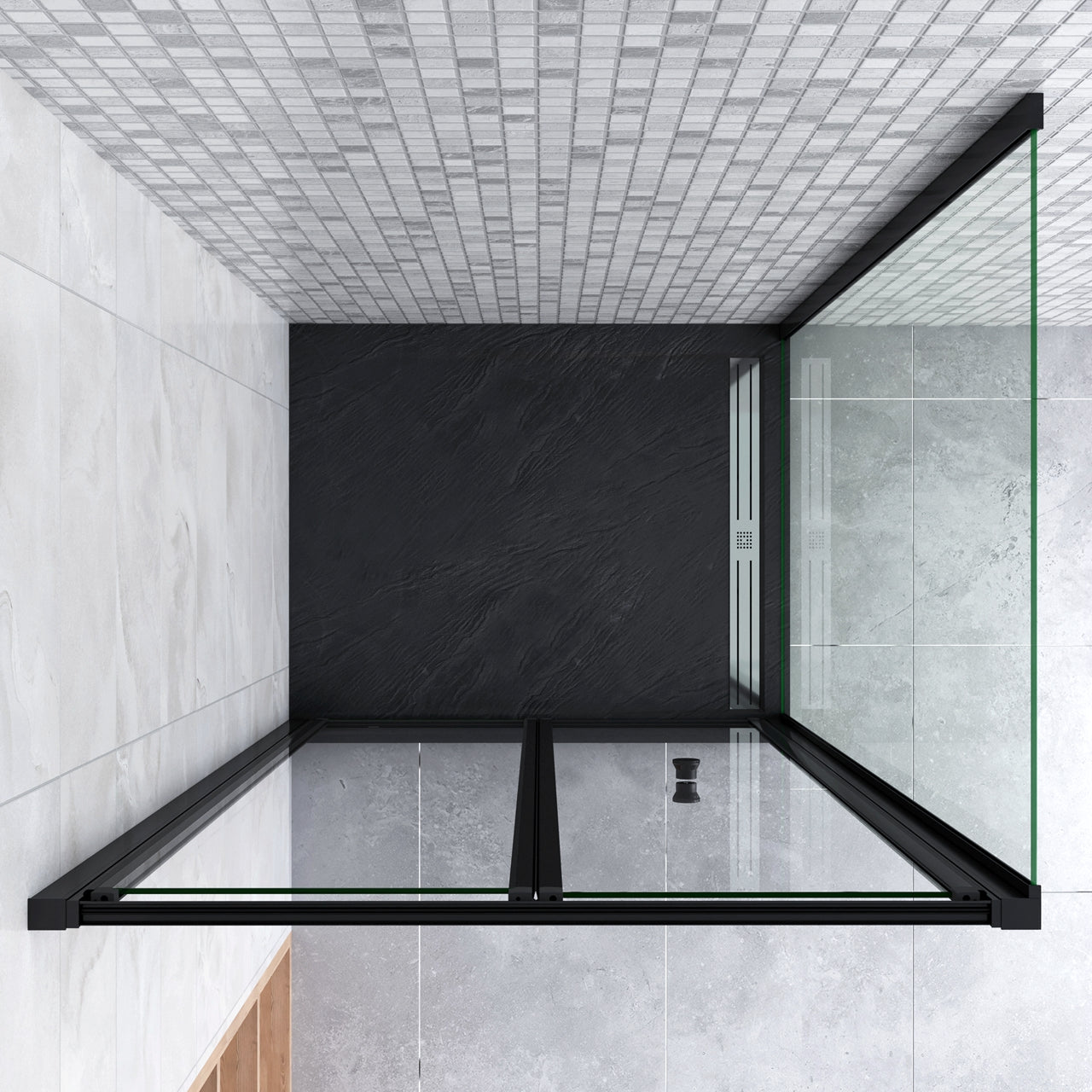 185cm Box Doccia Angolare Porta a Soffietto con Parete Fissa 80x80cm in Vetro Temperato Trasparente 5 mm Profilo Nero Opaco