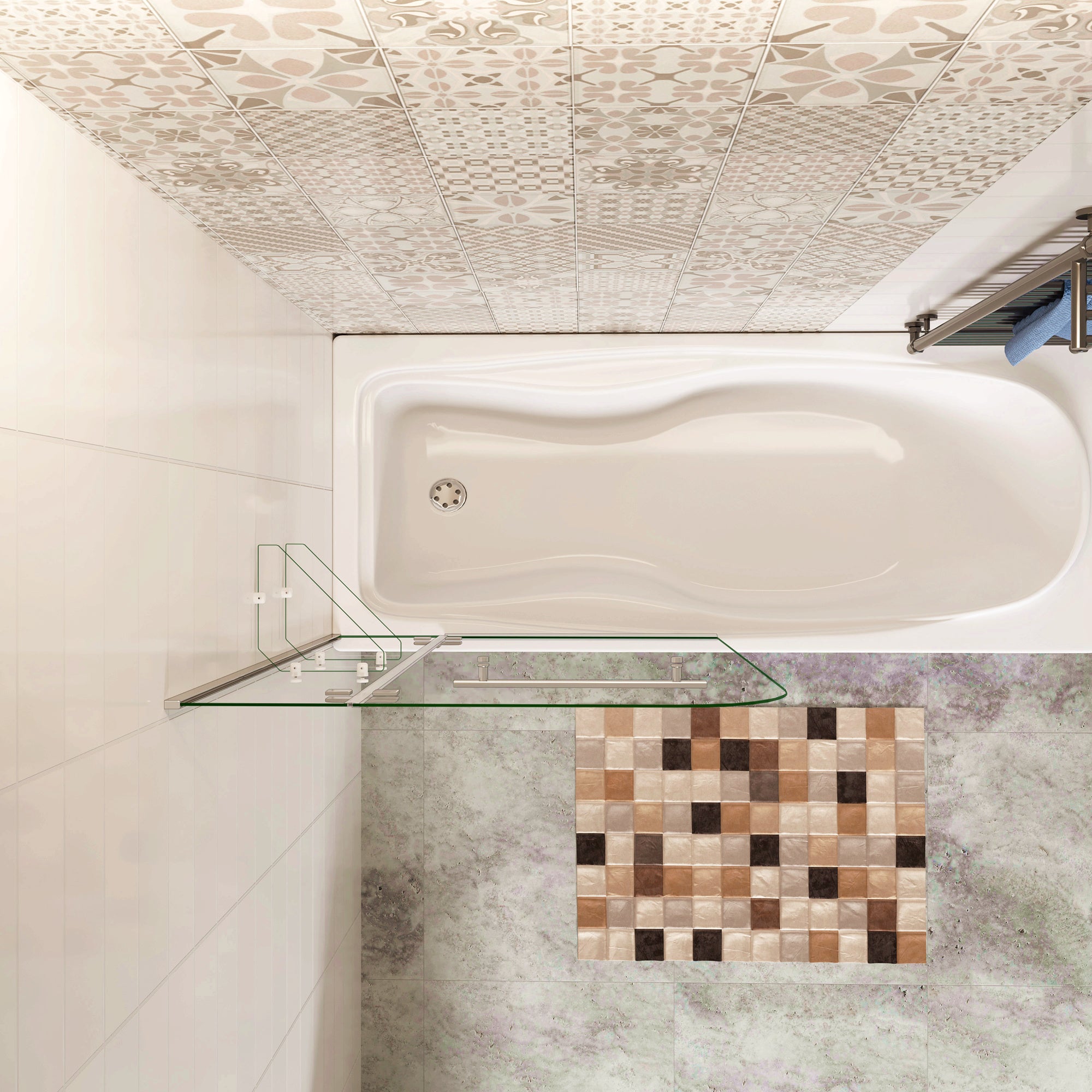 90x140 cm Sopravasca Parete Doccia Per Vasca Girevole Vetro Temperato 5 mm Trasparente Inclusi Due Ripiani Maniglia Portasciugamani Cromo Lucido