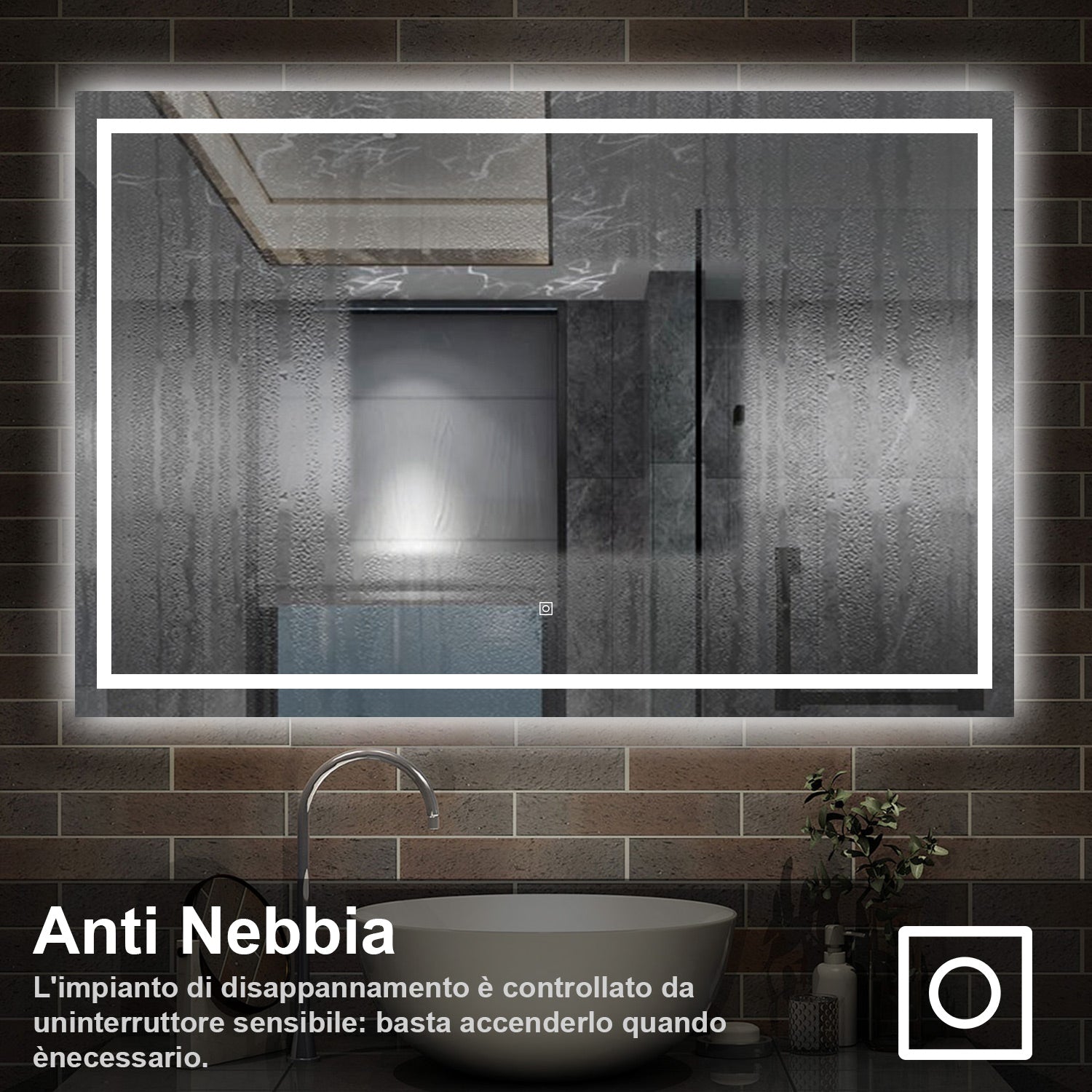 specchio rettangolare 120 x 80 cm con luce led antiappannamento e touch, 3 colori