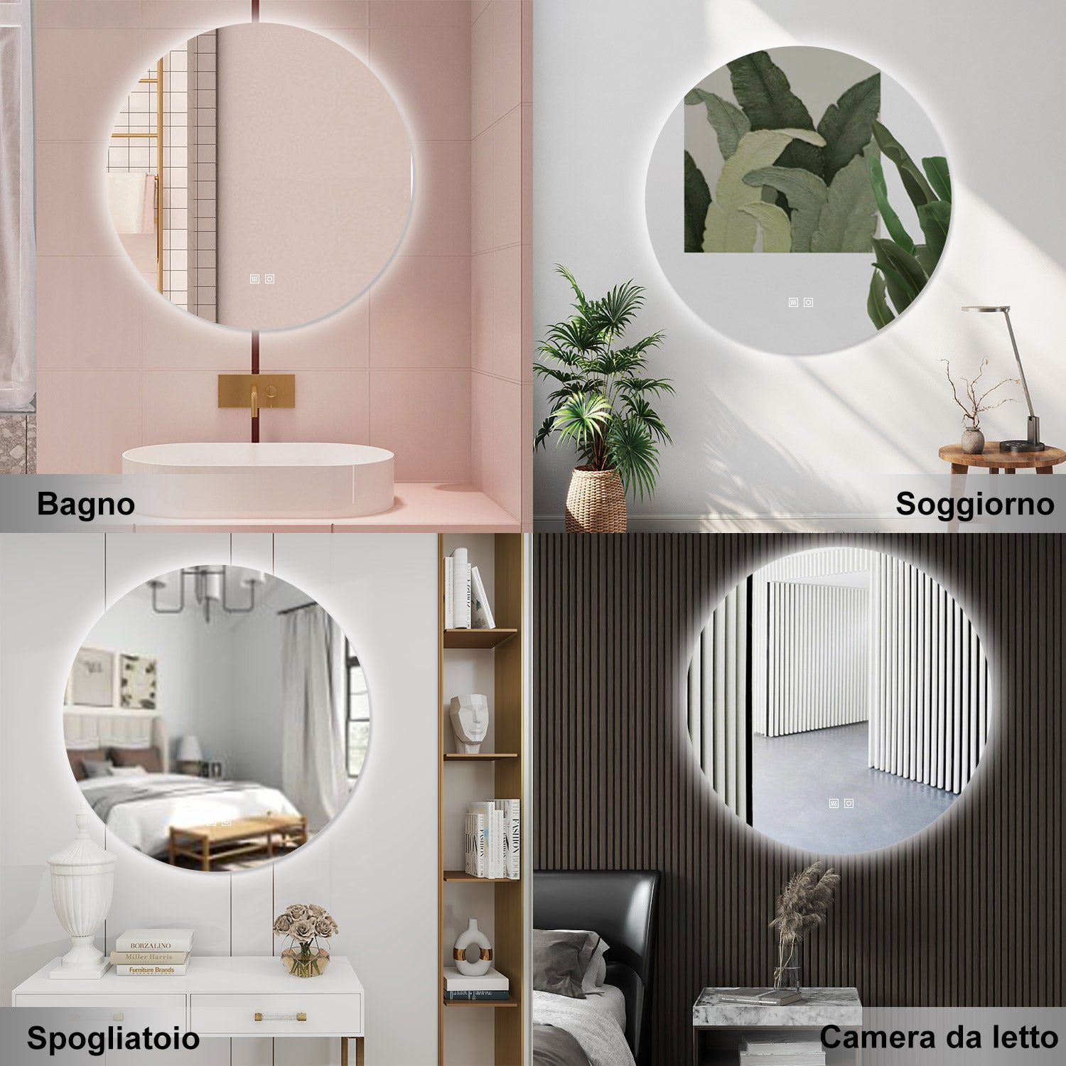 AICA Specchio da bagno 100 x 100 cm, 3 colori, antiappannamento, dimmerabile, interruttore touch, Funzione Memoria