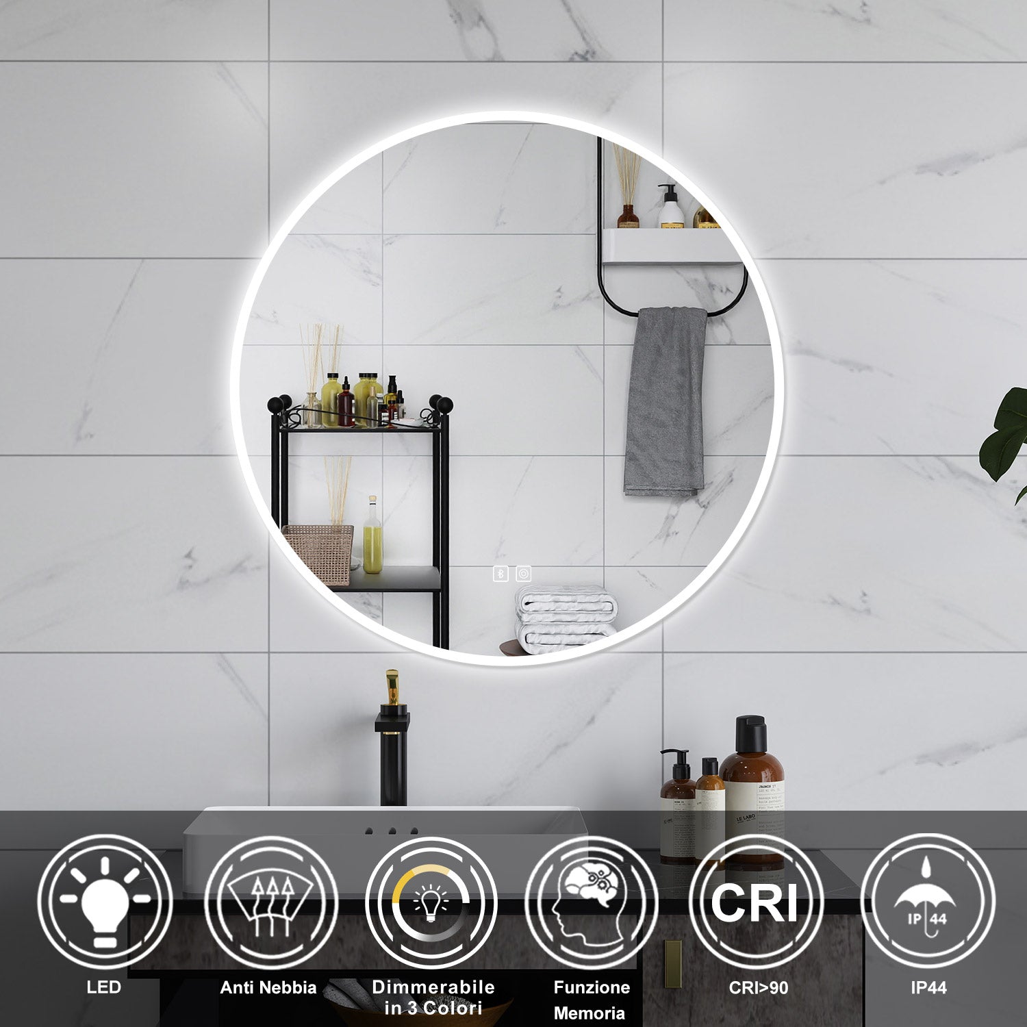 AICA Specchio da bagno 80 x 80 cm, blue tooth, 3 colori, antiappannamento, dimmerabile, interruttore touch, Funzione Memoria