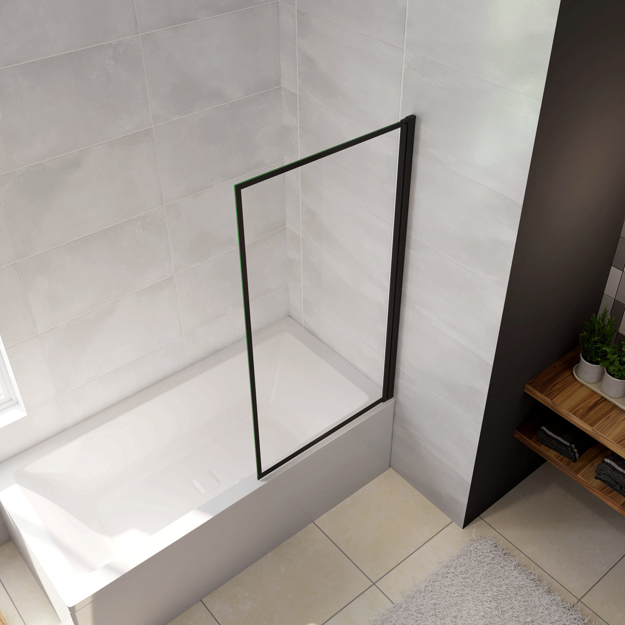 Parete Vasca Doccia 70xh.140cm Sopravasca Anta Girevole in Vetro Temperato 4 mm Trasparente con Bordo Nero Serigrafato