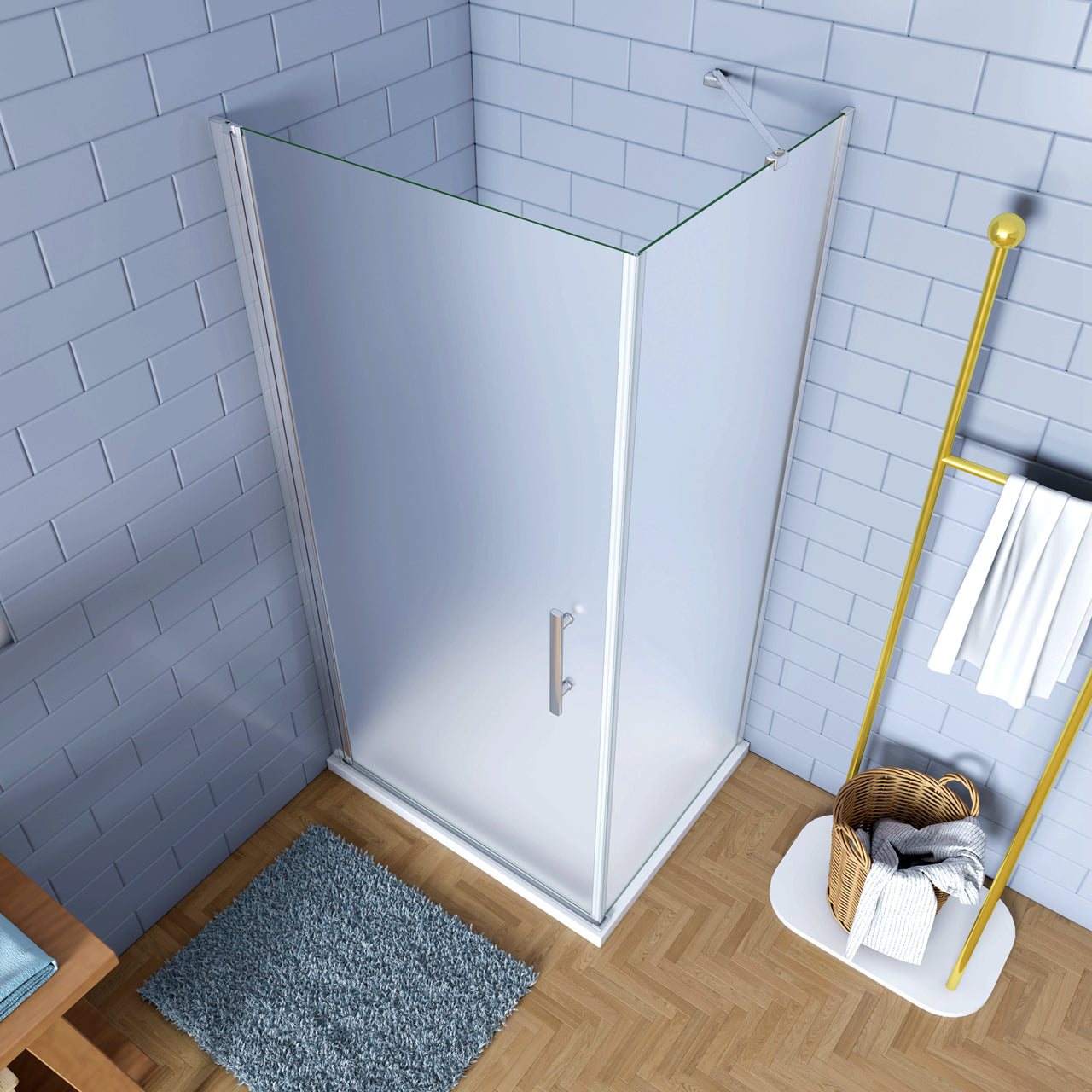 195cm Box Doccia Angolare Porta Battente con Parete Fissa 90x70cm in Vetro Satinato 6mm Anticalcare Irreversibile