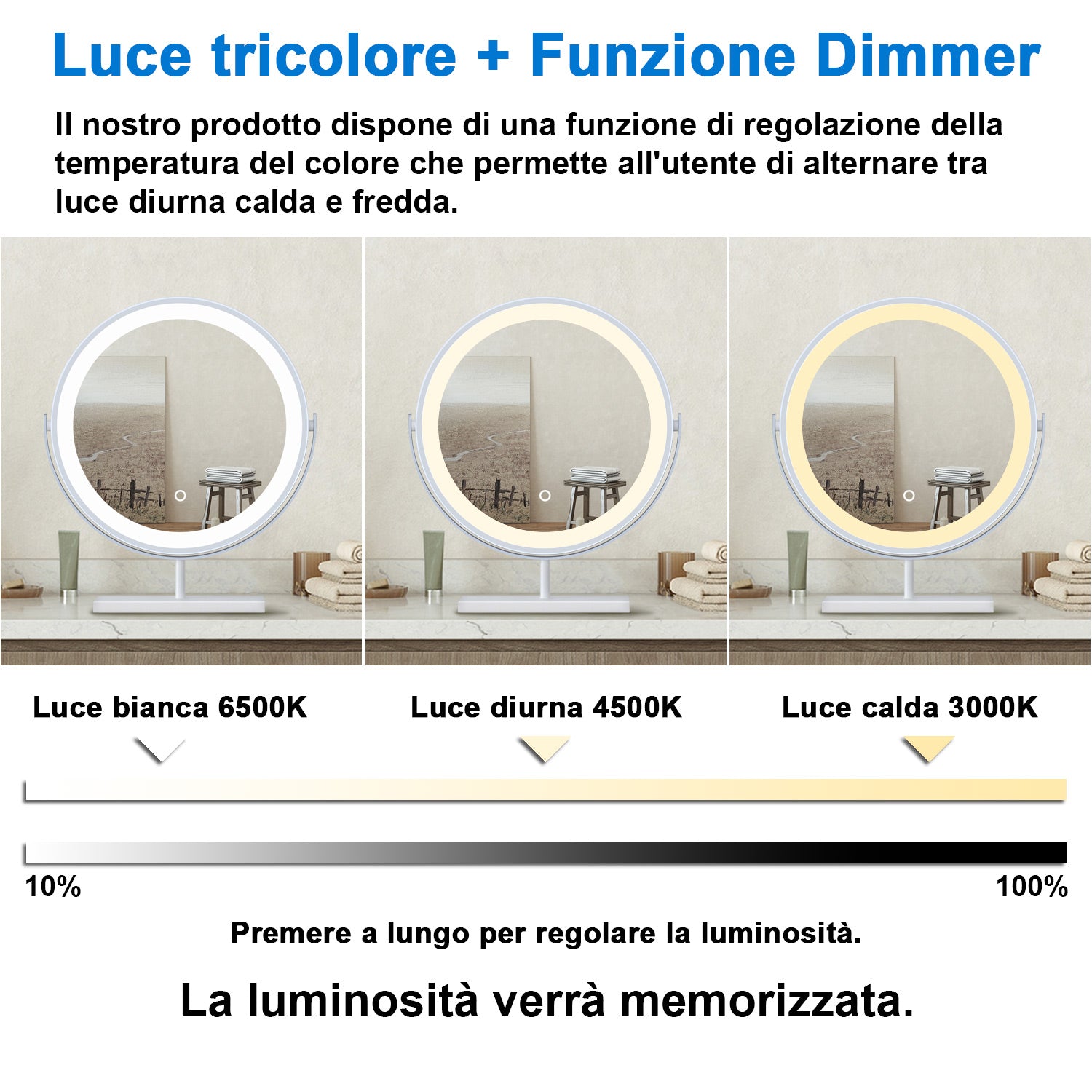 40x48cm Specchio da trucco a posizionamento statico LED + Touch Control + 3 temperature di colore regolabili