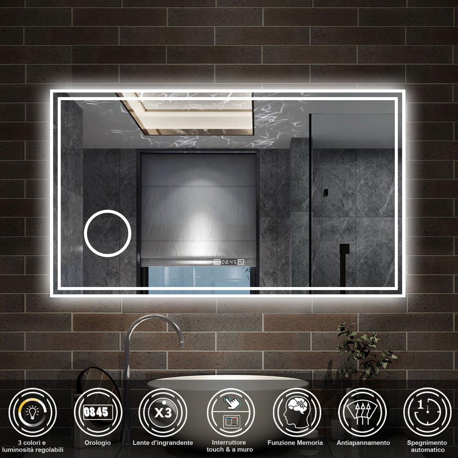 120 x 70 cm,AICA Specchio da Bagno LED con Luce, 3 Colori Regolabili,Ingrandimento, orologio,memoria, antiappannamento,CRI>90,autospegnimento