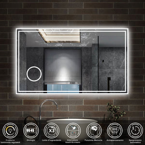 120 x 70 cm,AICA Specchio da Bagno LED con Luce, 3 Colori Regolabili,Ingrandimento, orologio,memoria, antiappannamento,CRI>90,autospegnimento