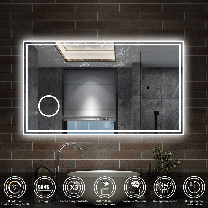 120 x 70 cm,AICA Specchio da Bagno LED con Luce, 3 Colori Regolabili,Ingrandimento, orologio,memoria, antiappannamento,CRI>90,autospegnimento