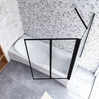 Parete Vasca Doccia 90x75cm Sopravasca Angolare 2 Ante Pieghevoli Vetro Temperato Trasparente da 4 mm con Parete Laterale da 6 mm H.140cm Telai Neri Opachi