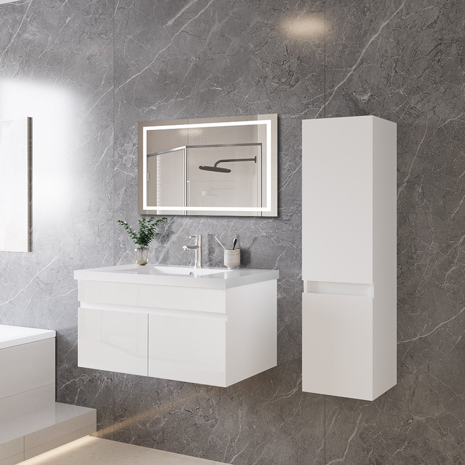 Mobile bagno sospeso con lavabo da incasso 79 cm,bianco, 2 ante.