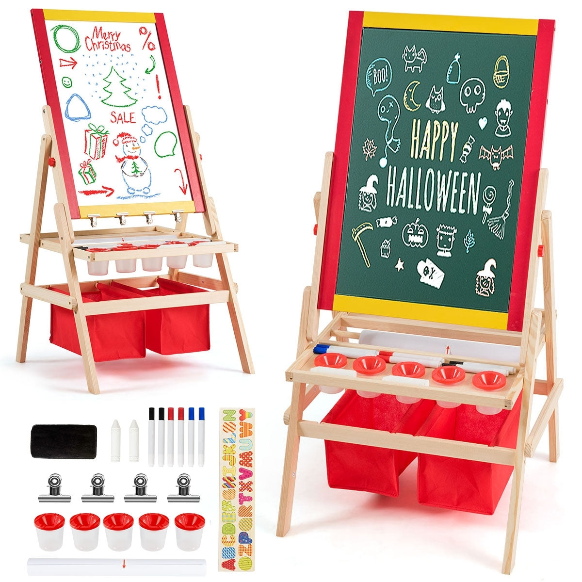 Cavalletto per bambini 3 in 1 in legno con accessori completi, 39x59cm Lavagna e lavagna bianca double face-Cavalletti e lavagne bambini