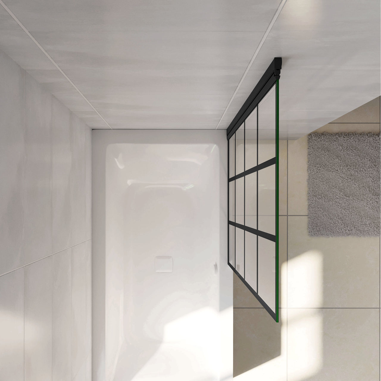 Parete Vasca Doccia 80xh.140cm Sopravasca Pannello Girevole in Vetro Temperato 6 mm Trasparente con Riquadri Neri