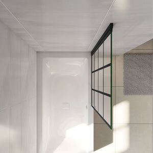 Parete Vasca Doccia 80xh.140cm Sopravasca Pannello Girevole in Vetro Temperato 6 mm Trasparente con Riquadri Neri