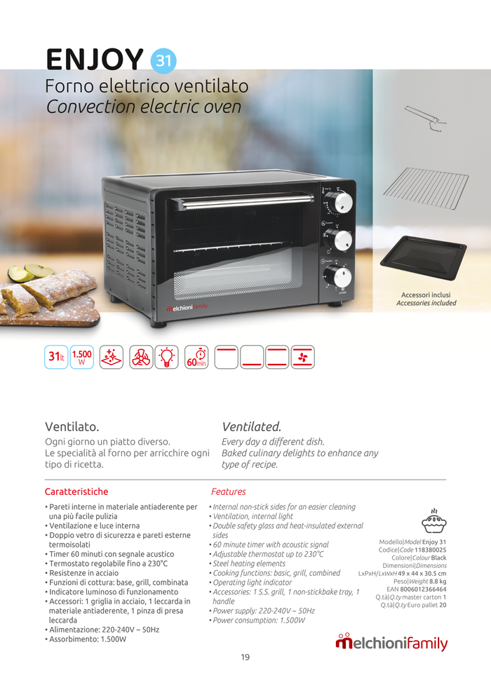 Fornetto Elettrico Ventilato Forno Pizza Cottura Enjoy 31 Litri Family Timer 230