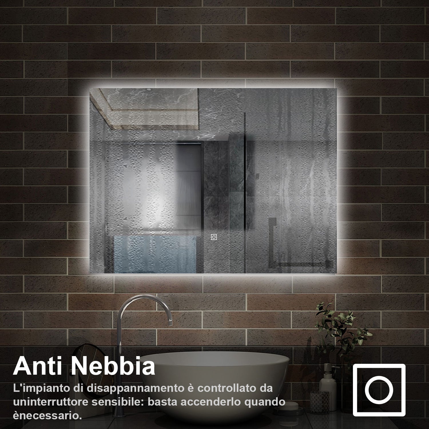 specchio 80 x 60 cm rettangolare con luce led antiappannamento e touch