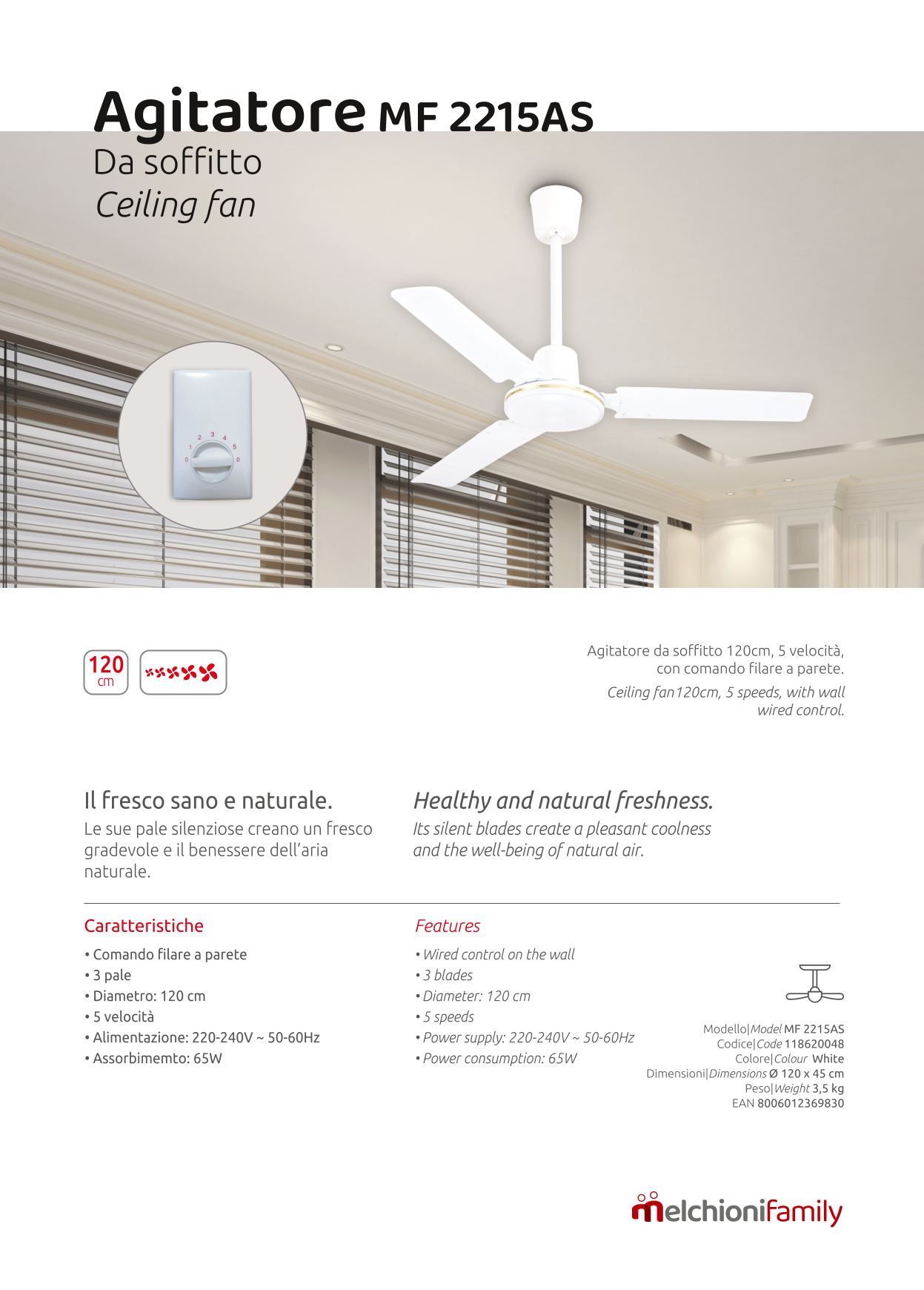 Melchioni Family Agitatore ventilatore da soffitto 120 cm MF2215AS 3 pale 5 velocità comando a parete 65 W