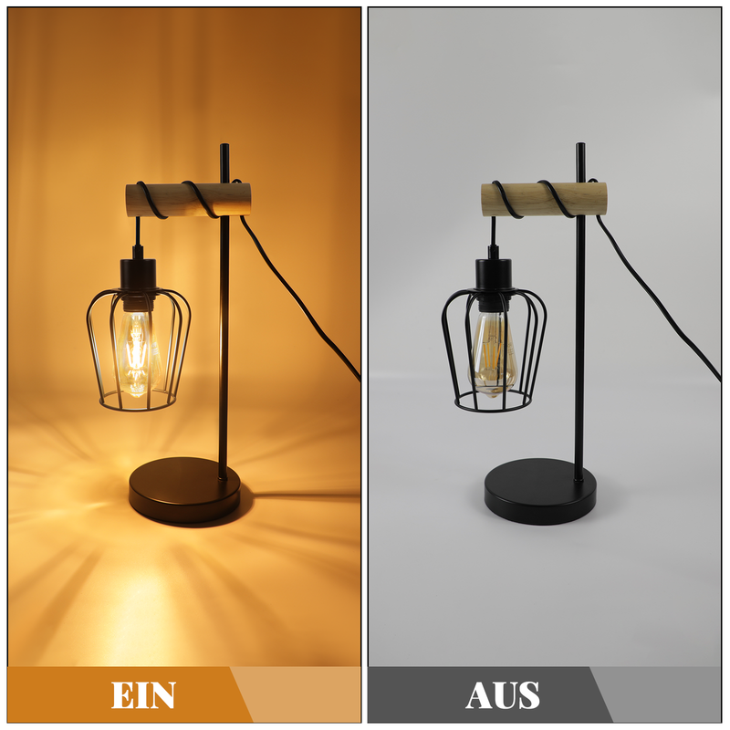 ZMH Lampada da tavolo vintage legno nera metallo E27 1 luce senza lampadina per soggiorno comodino