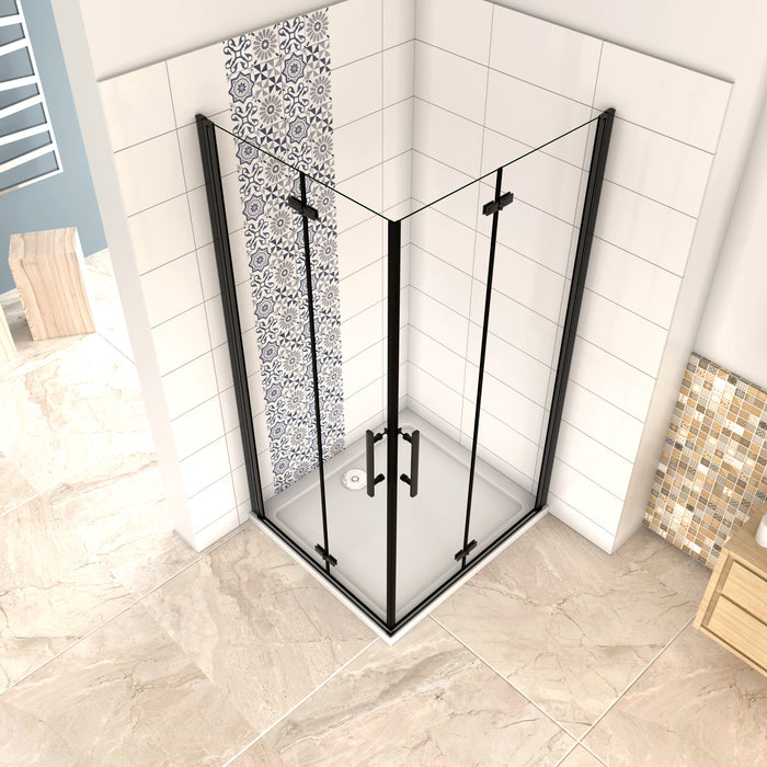 190 cm Box Doccia Angolare Doppia Porta Battente Pieghevole 76x90 cm in Vetro Temperato Trasparente 5 mm Anticalcare Telaio Nero Opaco