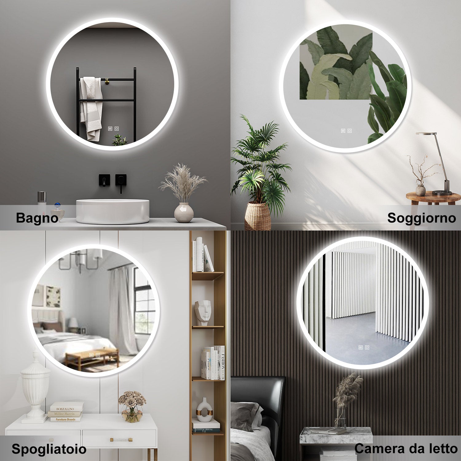 AICA Specchio da bagno 60 x 60 cm, 3 colori, antiappannamento, dimmerabile, interruttore touch, Funzione Memoria